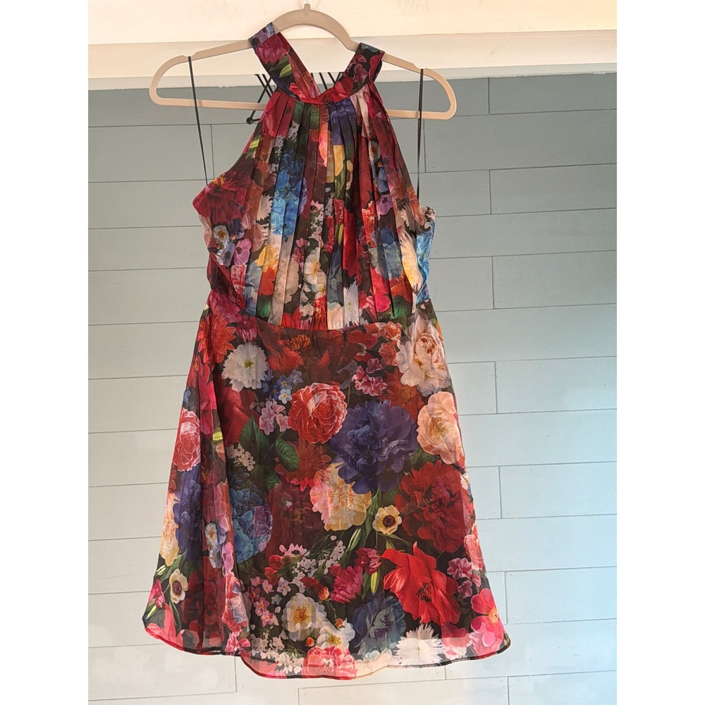 En Creme Floral Halter Mini Dress Open Back Tie Neck Pleated Multi Color Large
